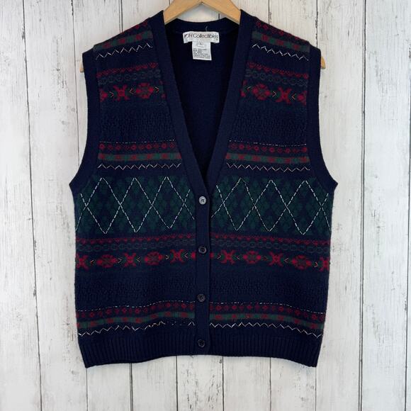 VTG JH Collectibles Blue Wool Fair Isle Beaded Button-Up Sweater Vest Size Large - Picture 1 of 13